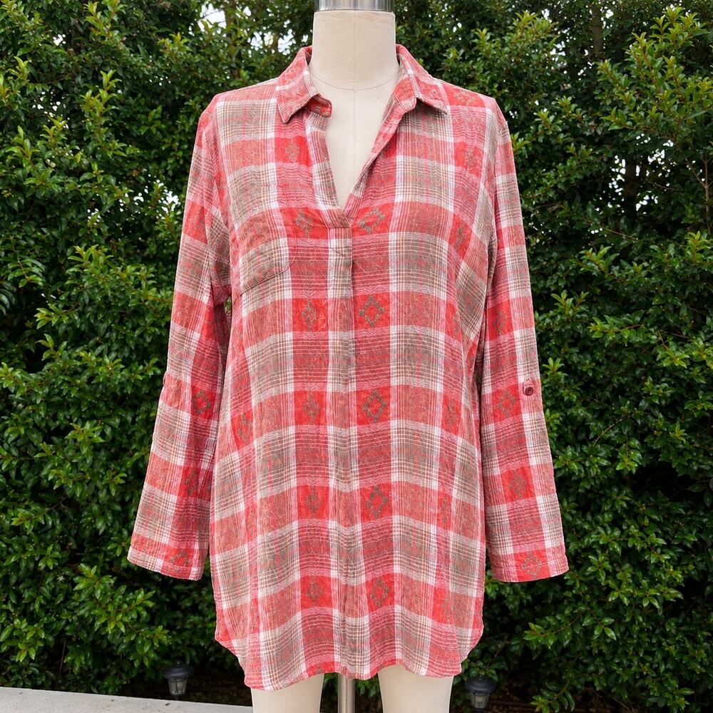 NWT En Crème Plaid Long Tunic Shirt Large Boho Button Up Top